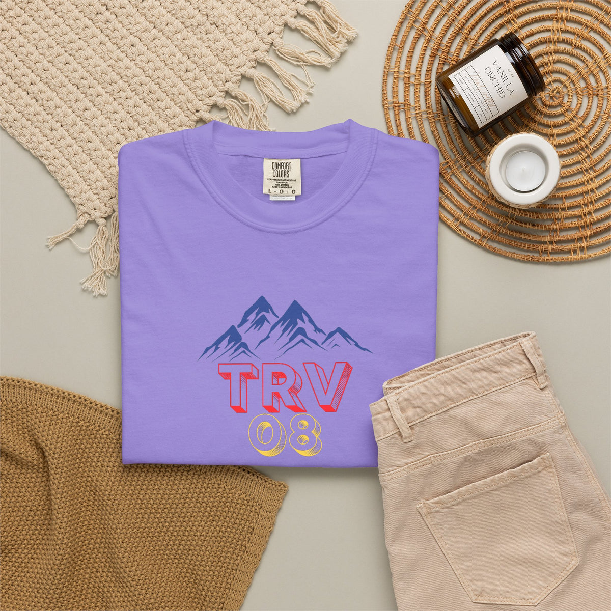 Unisex garment-dyed T-shirt with the TRV08 Logo in black, featuring a casual fit and soft fabric from Printify.