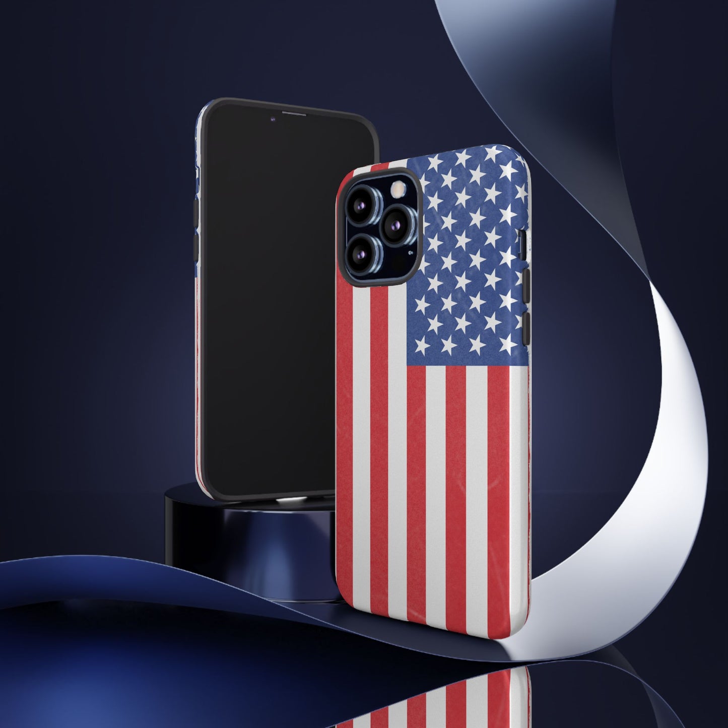 American flag tough phone case for iPhone, durable patriotic cover with bold red, white, and blue flag design, by Printify.
