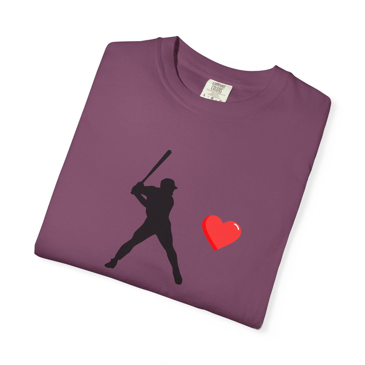 White baseball batter heart T-shirt by Printify featuring a graphic of a batter swinging a baseball bat on the front.
