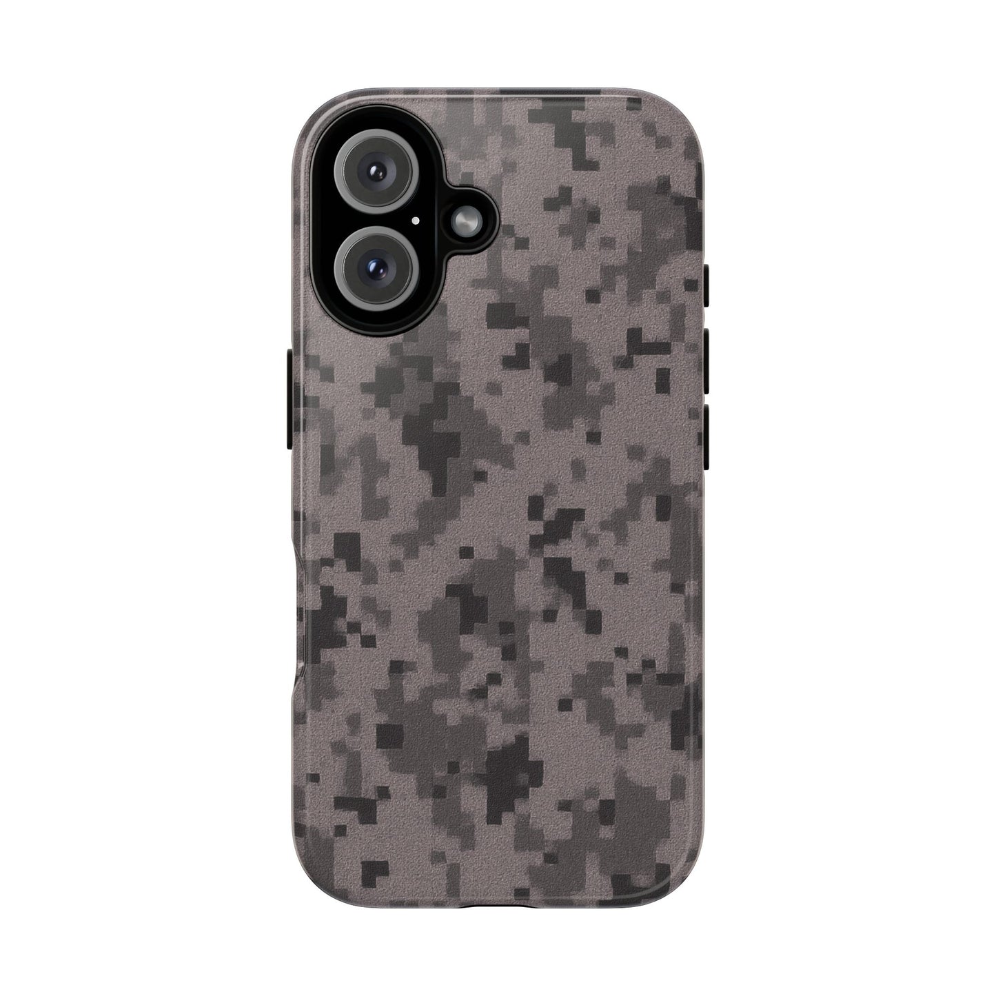 Gray digital camouflage phone case by Printify, tough protective cover for smartphones with a rugged camo design.