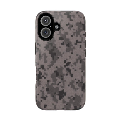 Gray digital camouflage phone case by Printify, tough protective cover for smartphones with a rugged camo design.