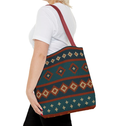 Southwestern diamond pattern tote bag with Aztec tribal geometric print, featuring sturdy straps and bold, colorful design.