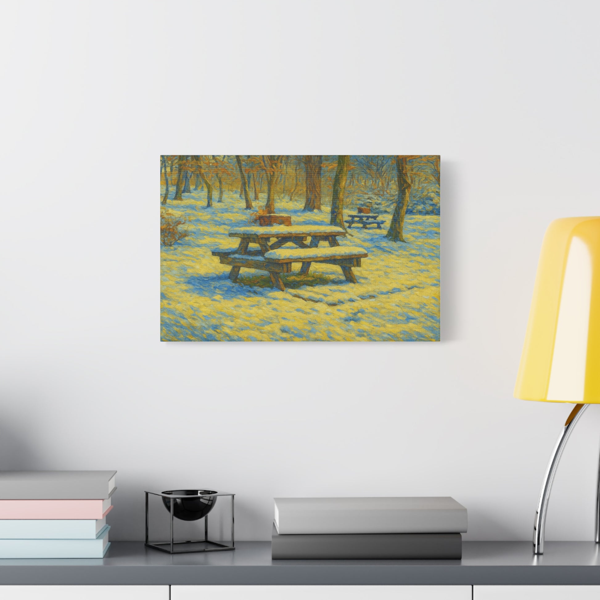 Winter picnic canvas print featuring a snow-covered park bench, wall art by Printify showcasing serene winter outdoor scene.