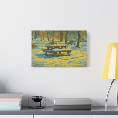 Winter picnic canvas print featuring a snow-covered park bench, wall art by Printify showcasing serene winter outdoor scene.