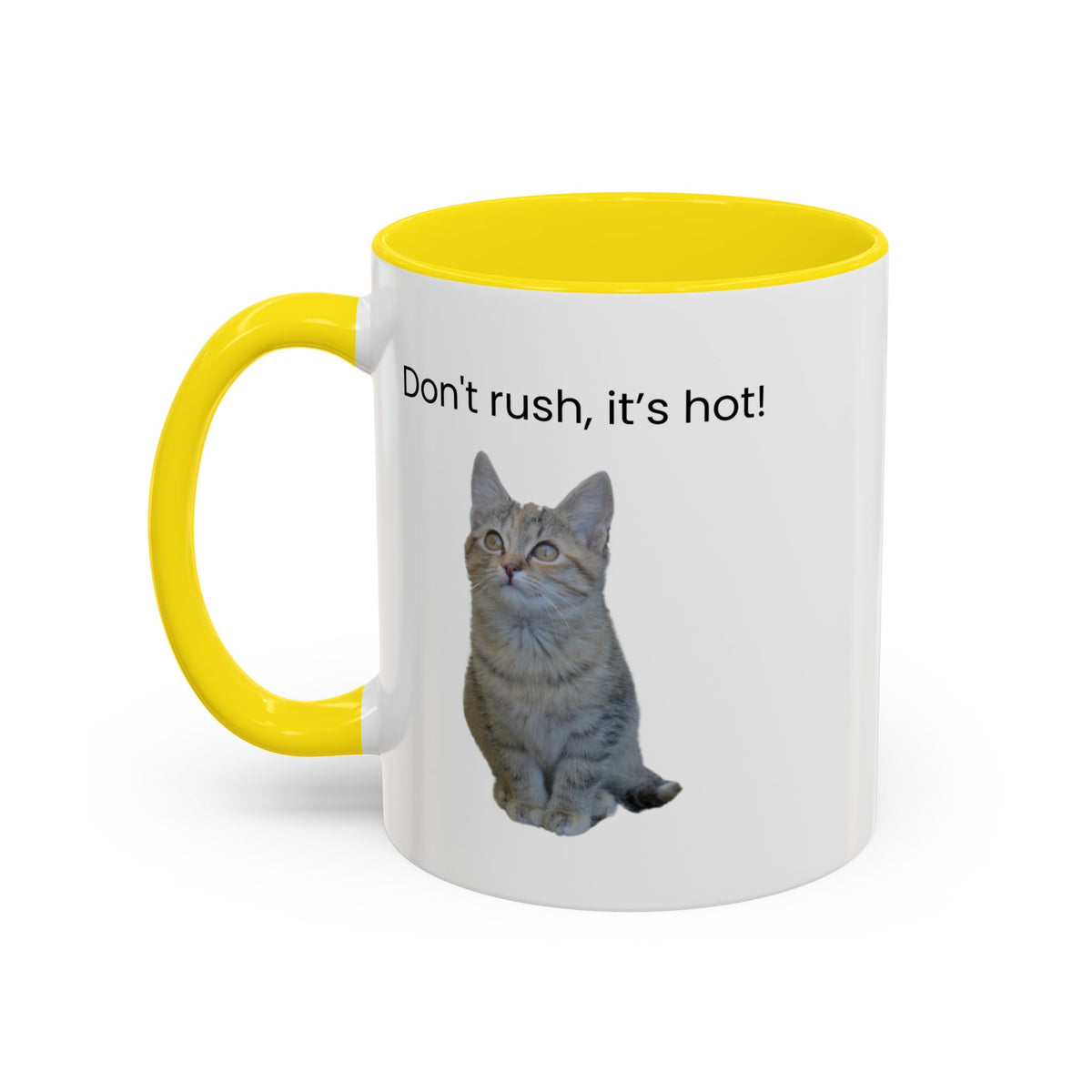 Ceramic cat coffee mug with "Don't rush, it's hot!" text, 11 oz, featuring a playful cat illustration on a white background.