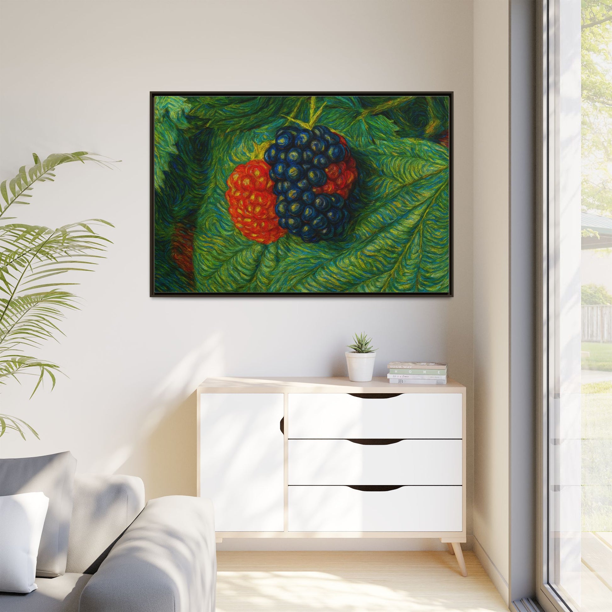 Framed canvas print of a blackberry still life featuring detailed blackberries and foliage, designed by Printify.