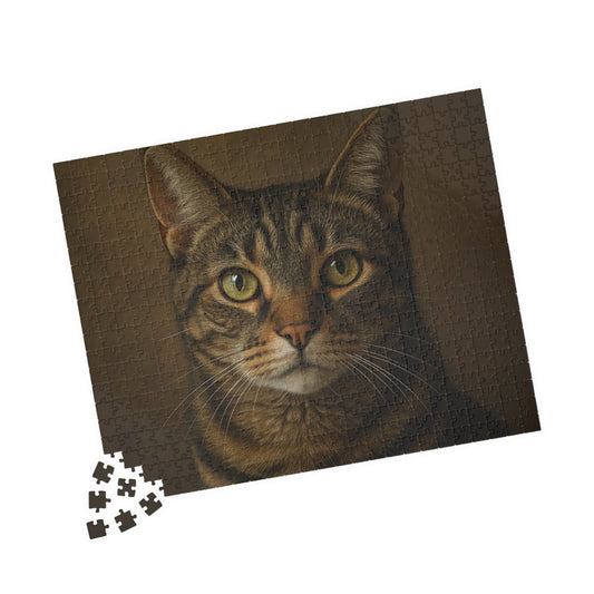 Colorful print of a realistic tabby cat portrait puzzle, featuring 520 pieces, ideal for cat lovers and puzzle enthusiasts.