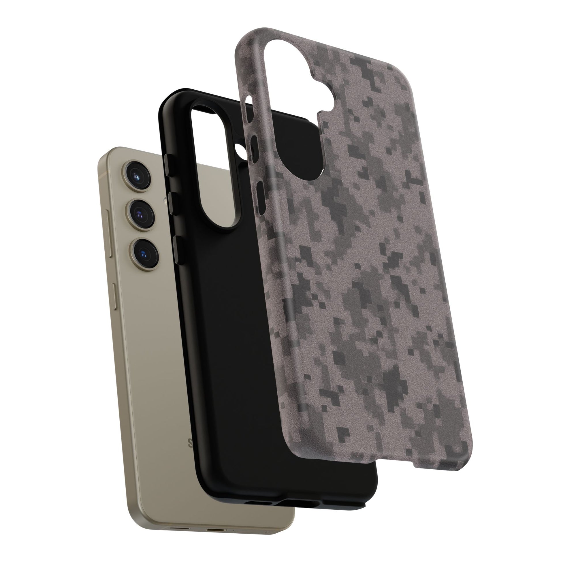 Gray digital camouflage phone case by Printify, tough protective cover for smartphones with a rugged camouflage design.