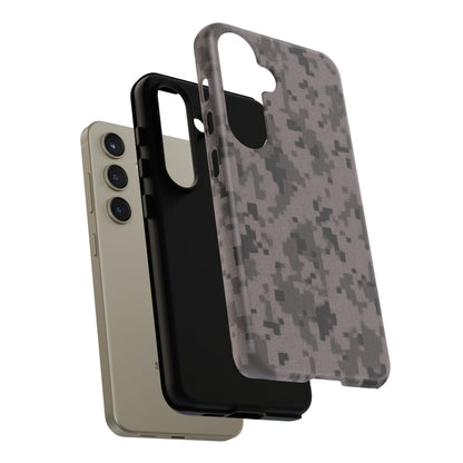 Gray digital camouflage phone case by Printify, tough protective cover for smartphones with a rugged camouflage design.