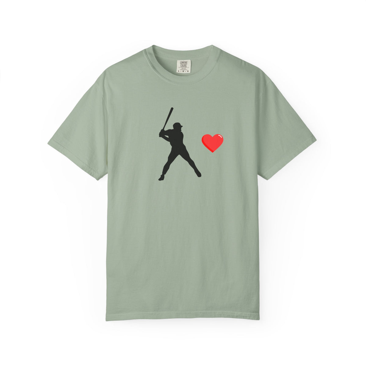 Black baseball batter heart T-shirt by Printify featuring a graphic of a batter with a heart motif, casual and stylish for sports fans.