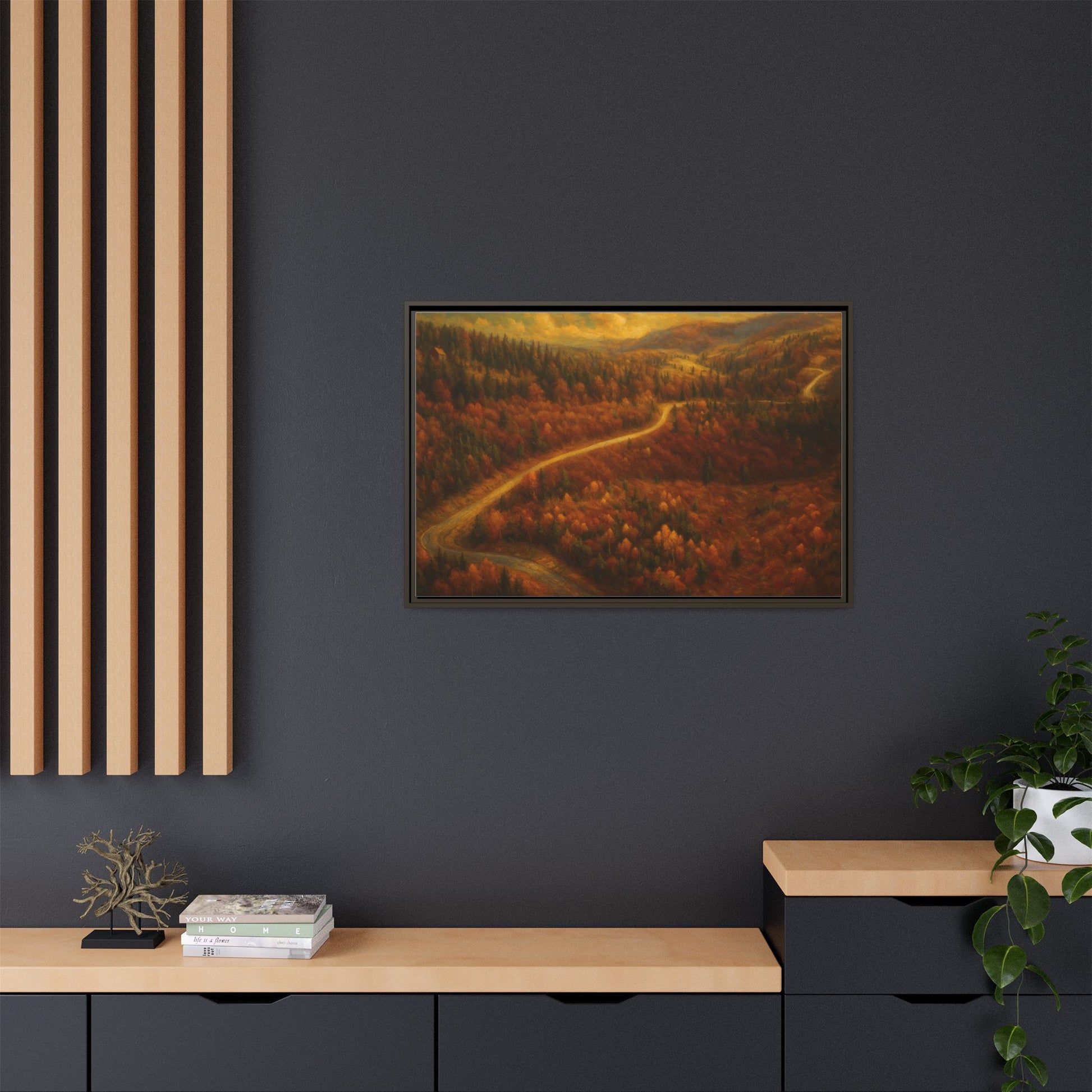 Framed matte canvas print of autumn forest road landscape wall art by Printify, featuring vibrant fall trees and scenic forest pathway.