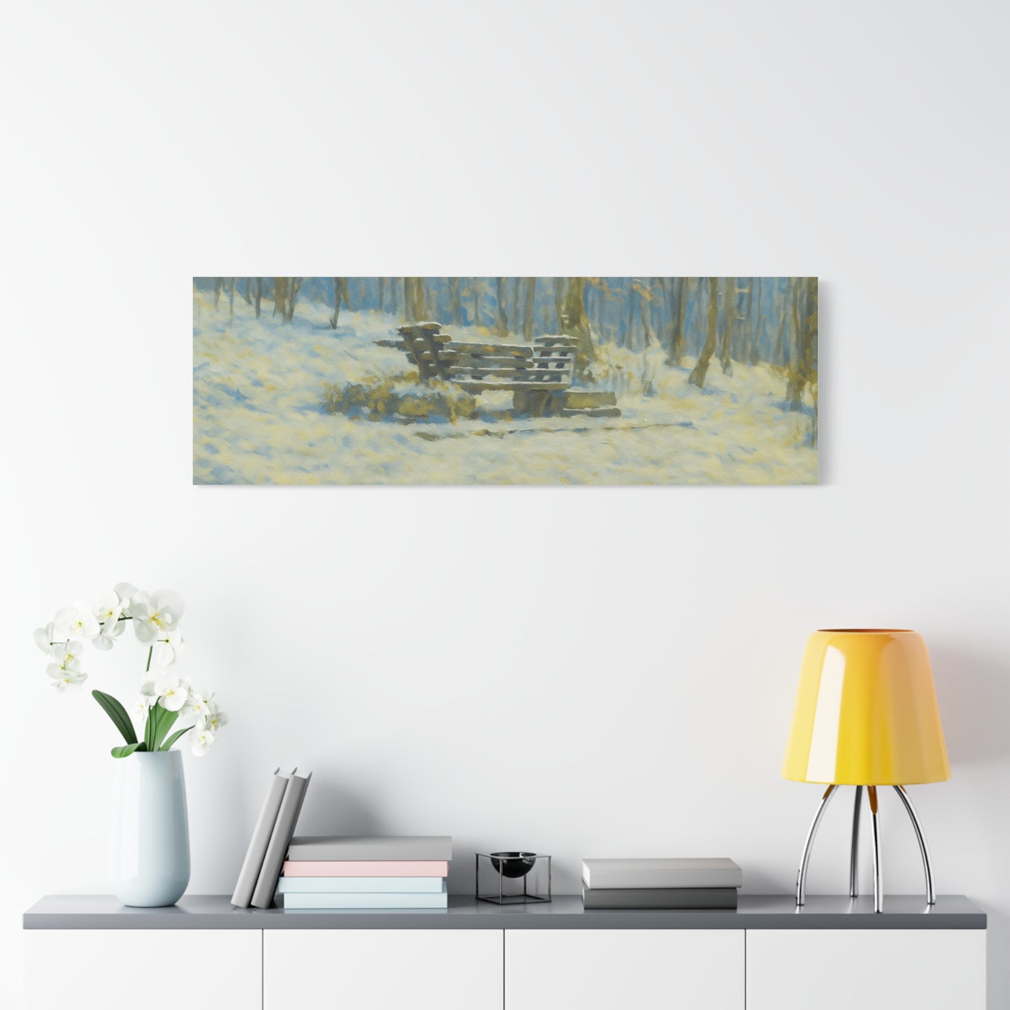 Snowy park bench matte canvas print featuring winter woodland scene, stretched 1.25 inch for wall art display.