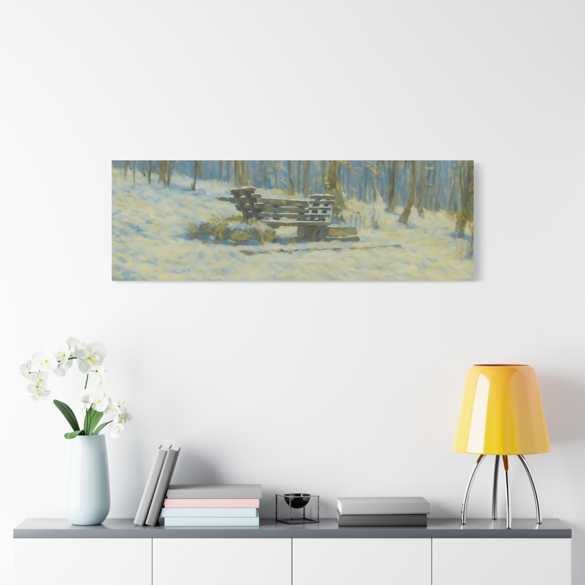 Snowy park bench matte canvas print featuring winter woodland scene, stretched 1.25 inch for wall art display.