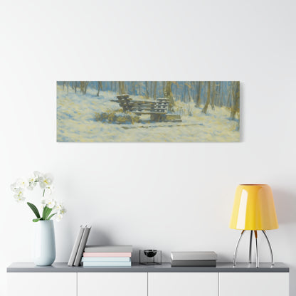 Snowy park bench matte canvas print featuring winter woodland scene, stretched 1.25 inch for wall art display.