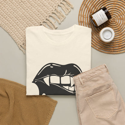 Graphic T-shirt featuring dripping lips with 'hmm...' bite design by Printify, showcasing a bold, artistic graphic tee.