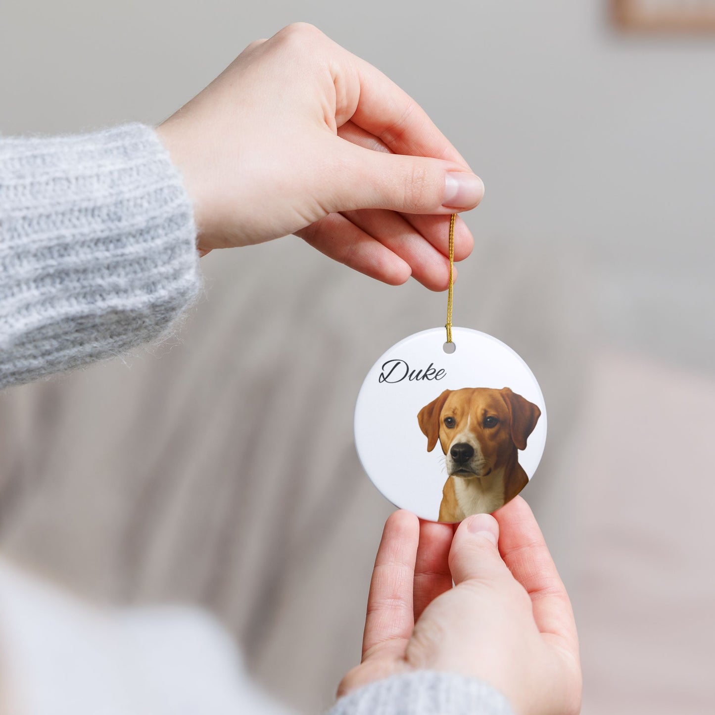 Personalized ceramic dog portrait ornament featuring Duke, decorative ornament with a detailed image of a dog for hanging or display.