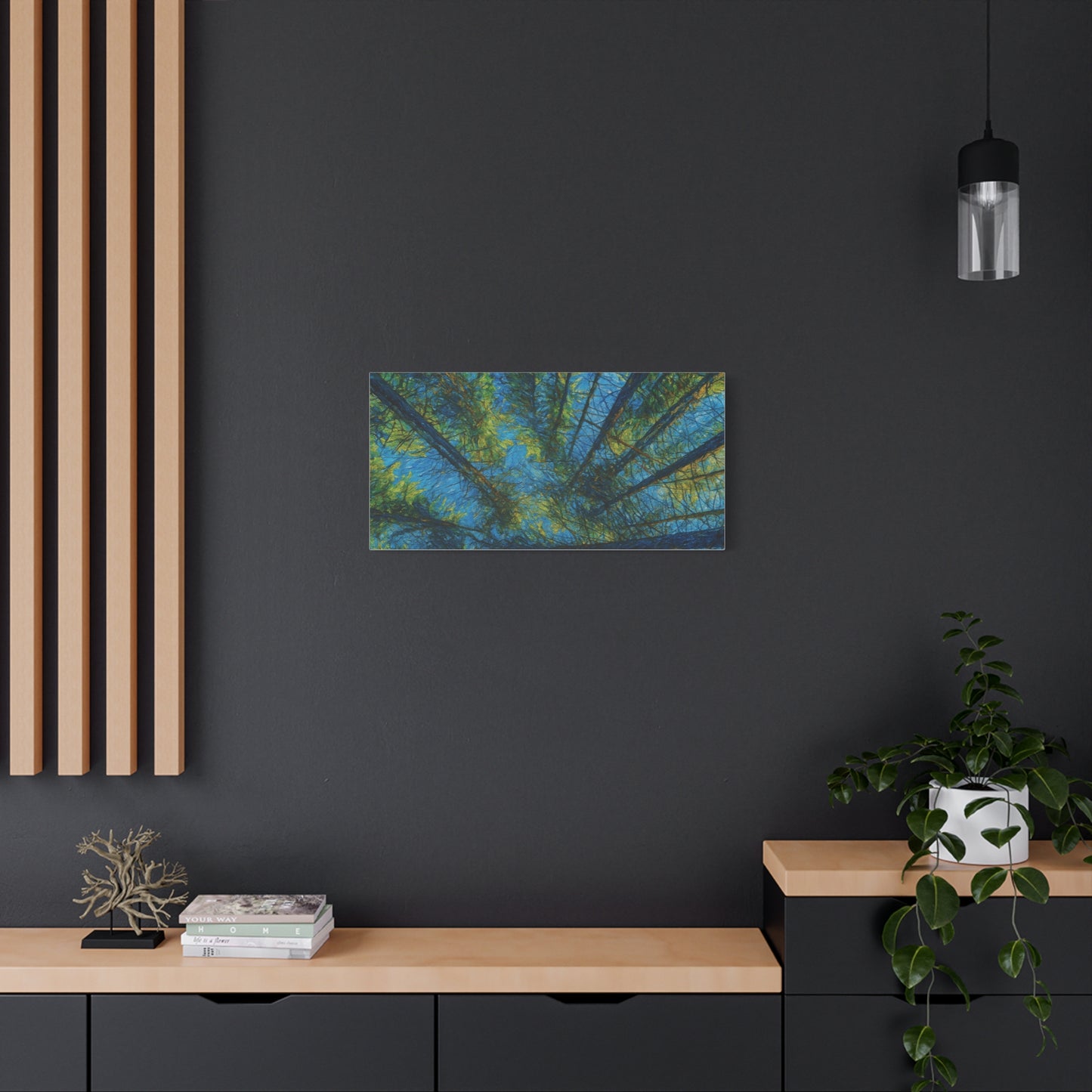 Forest Canopy Matte Canvas Wall Art — Upward View of Trees, Blue & Green Nature Print