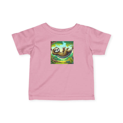 Baby's infant tee featuring a cute sloth nap graphic, soft cotton kids shirt from Printify.