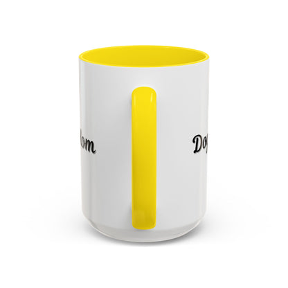 Dog Mom Accent Coffee Mug — white ceramic coffee mug with retro script "Dog Mom" print, colored interior and C-handle, 11oz/15oz, side profile view