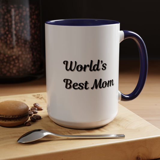 Black-trim ceramic mug with "World's Best Mom" phrase, ideal for Mother's Day gift, by Printify.