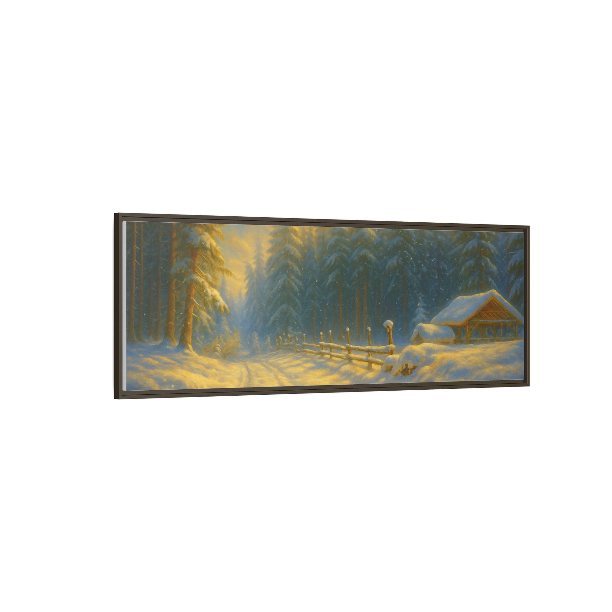 Framed winter cabin canvas print featuring a snowy forest sunset, wall art by Printify showcasing a cozy winter scene.