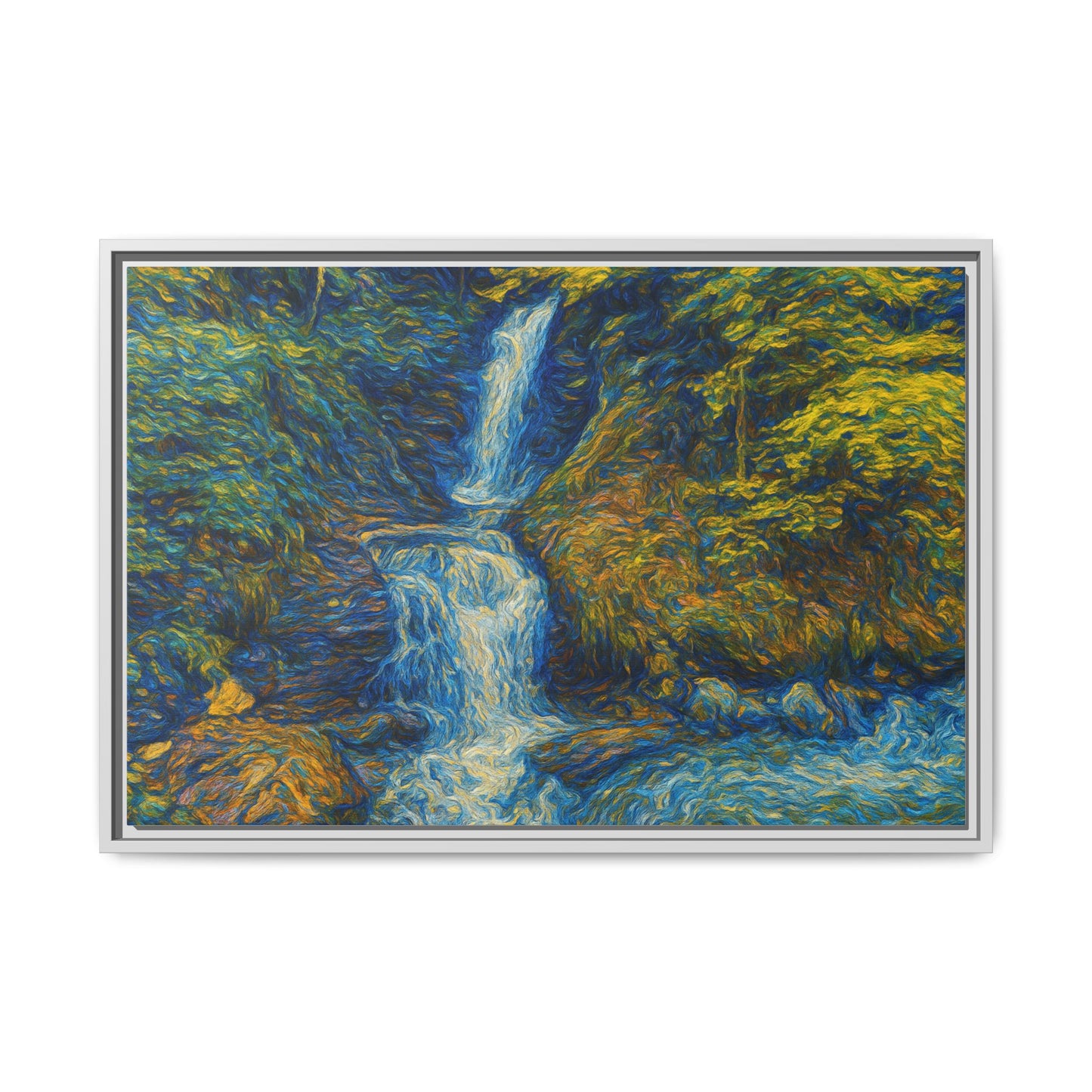 Framed matte canvas print of impressionist waterfall wall art by Printify showcasing vibrant, textured watercolor landscape imagery.