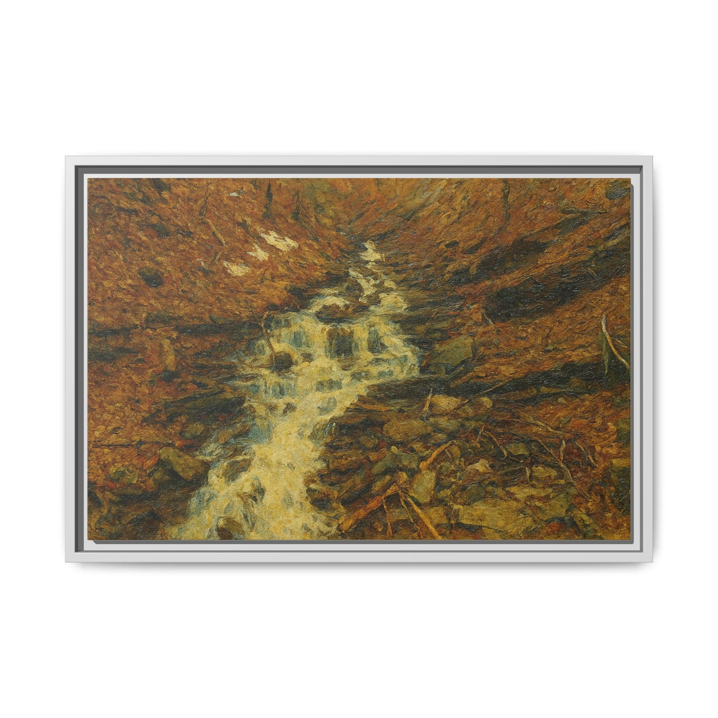 Framed matte canvas print of autumn stream landscape artwork by Printify, featuring colorful fall trees and flowing water.