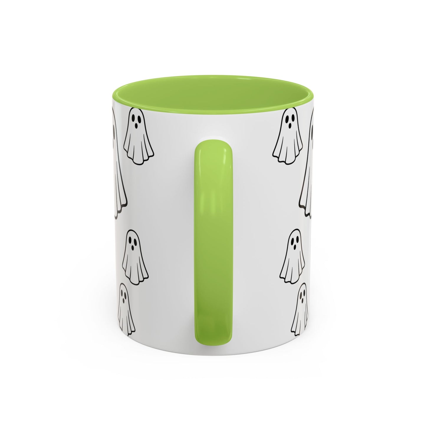 Printify ghost pattern ceramic coffee mug with Halloween-themed design, 11oz or 15oz, perfect for festive beverages.