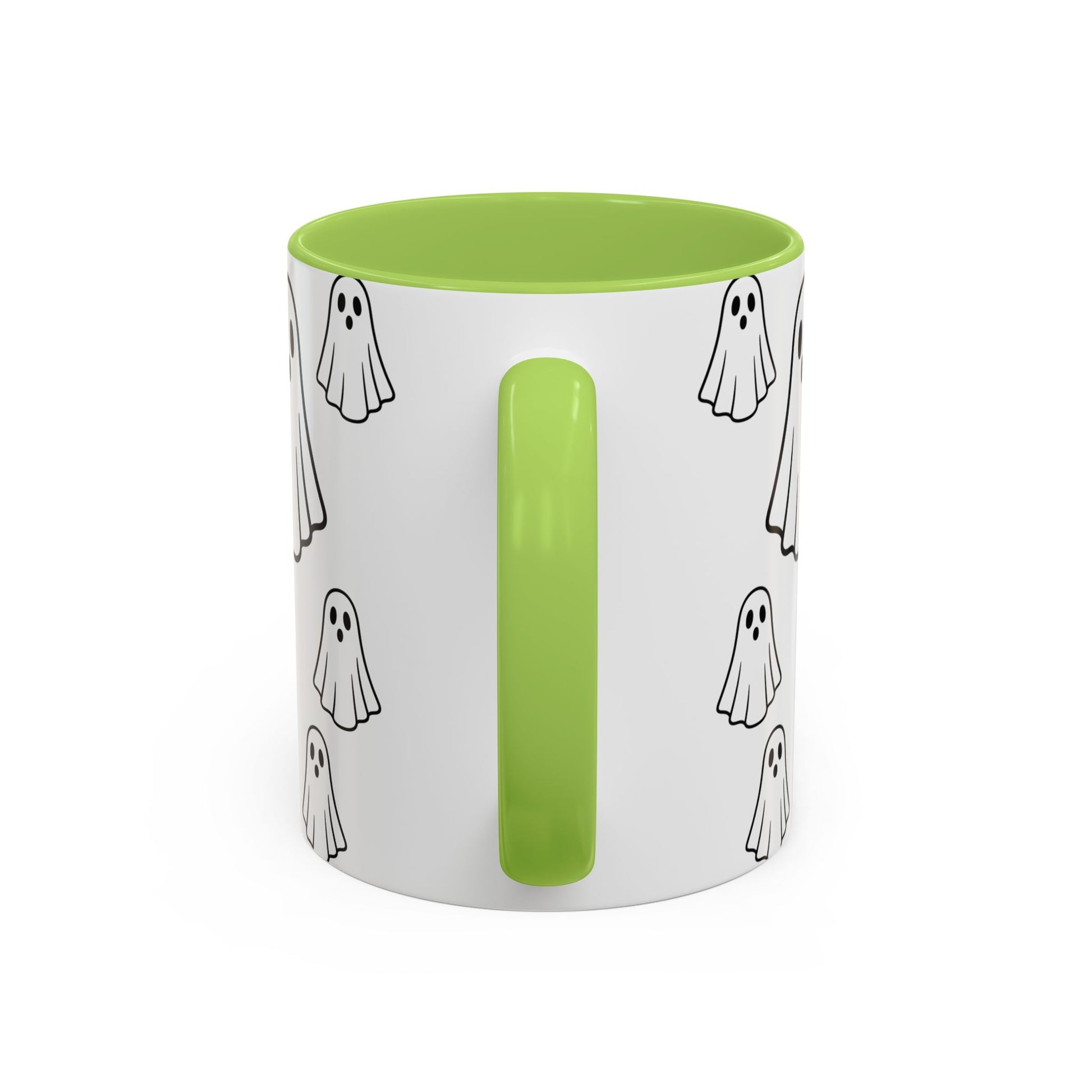 Printify ghost pattern ceramic coffee mug with Halloween-themed design, 11oz or 15oz, perfect for festive beverages.