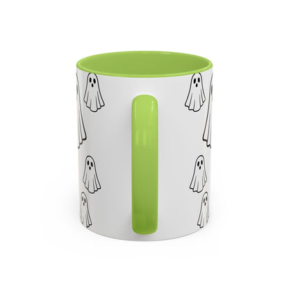Printify ghost pattern ceramic coffee mug with Halloween-themed design, 11oz or 15oz, perfect for festive beverages.