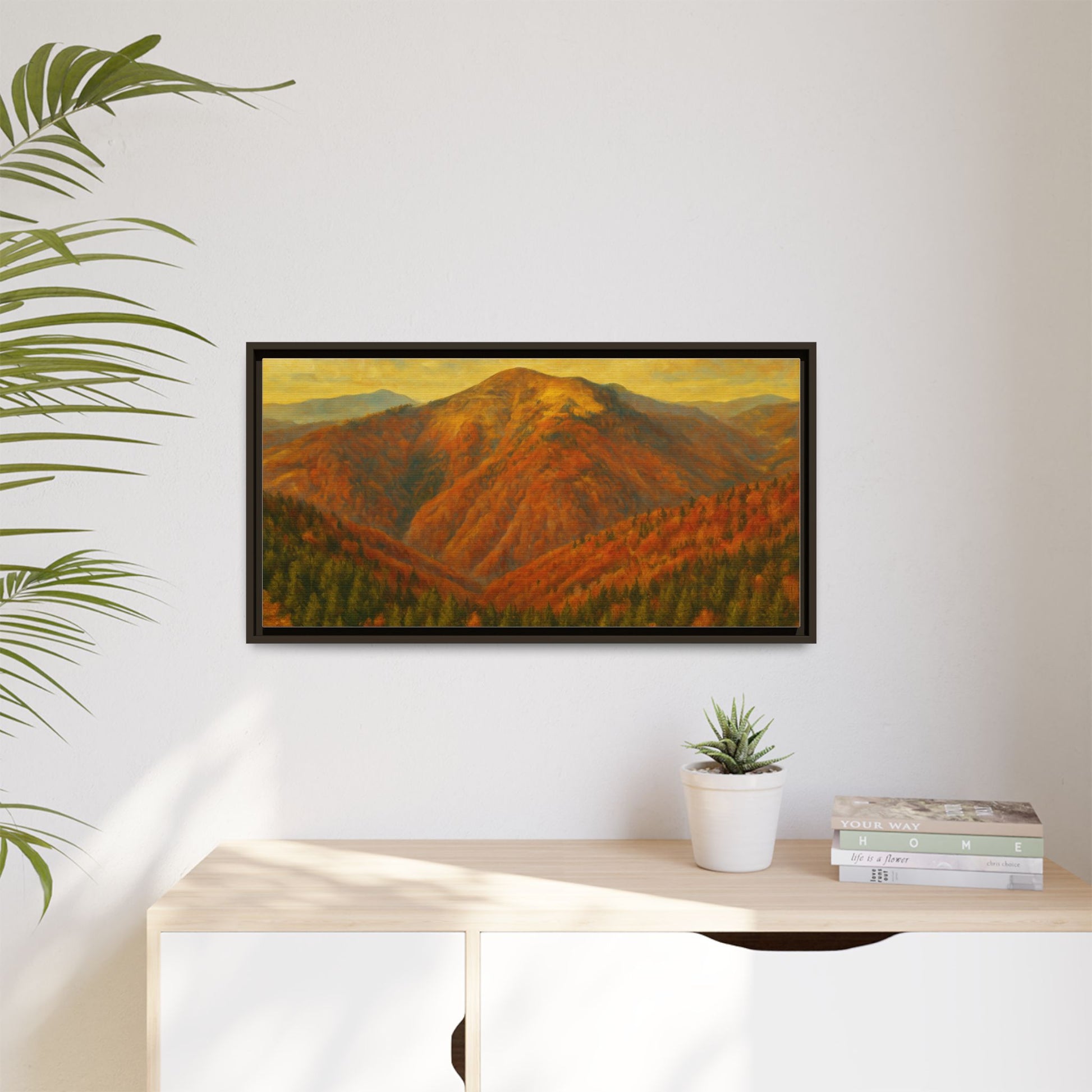 Autumn Mountain matte canvas framed wall art by Printify showcasing a scenic mountain landscape in warm autumn tones.