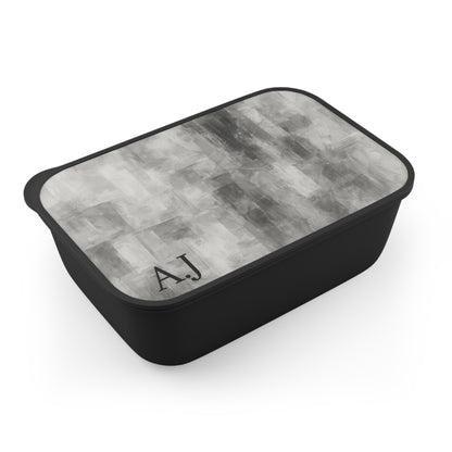 Gray abstract brushstroke bento box with initials, PLA lunchbox accessory by Printify, featuring a modern artistic design.