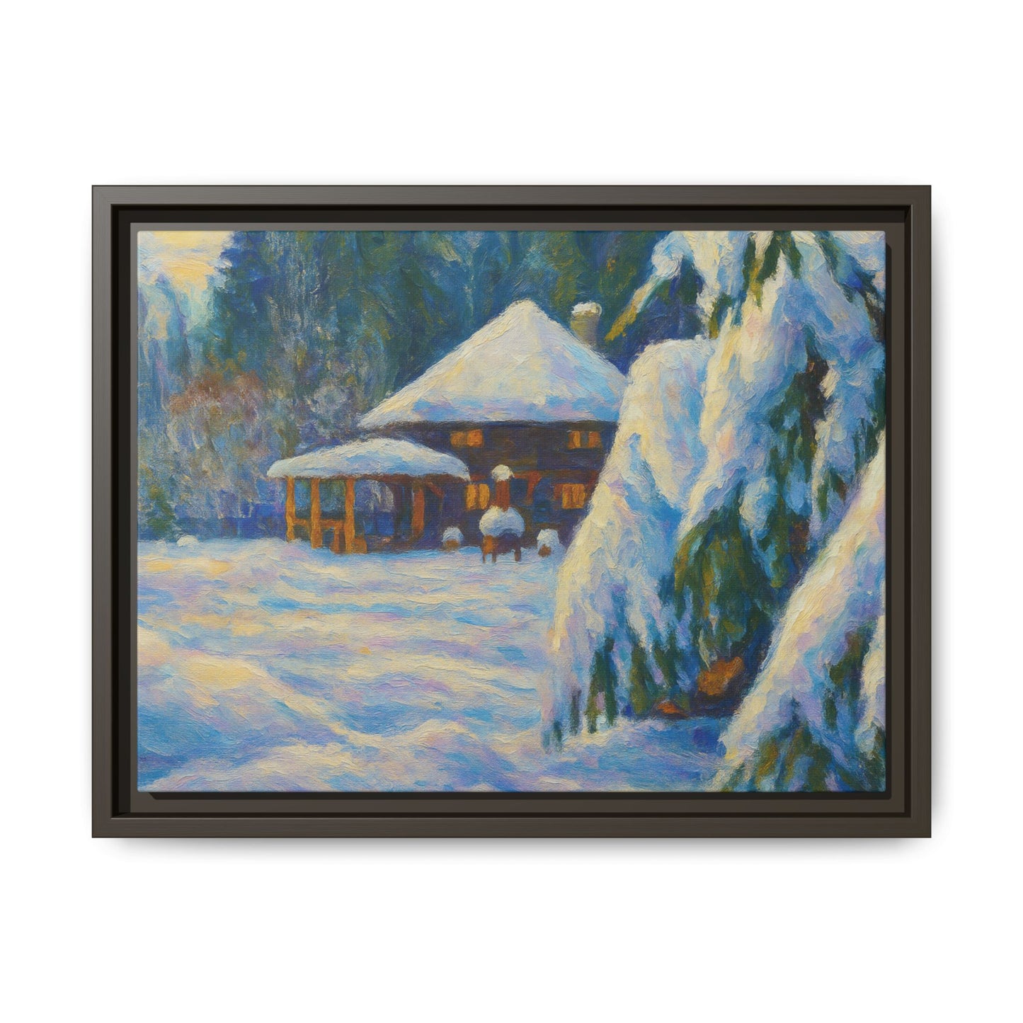 Framed matte canvas of a snowy cabin winter landscape wall art by Printify, showcasing a cozy cabin in a snowy forest scene.