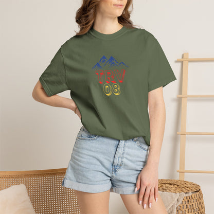 Unisex garment-dyed T-shirt with TRV08 Logo in black, featuring a casual fit and soft fabric from Printify.