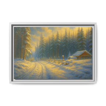 Framed winter cabin canvas print featuring a snowy forest sunset, wall art by Printify showcasing a peaceful winter scene.