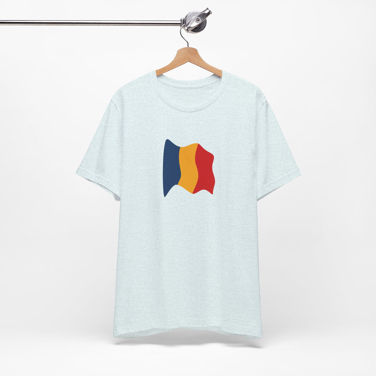 Romania flag T-shirt by Printify featuring a minimal waving tricolor design on a casual T-shirt.