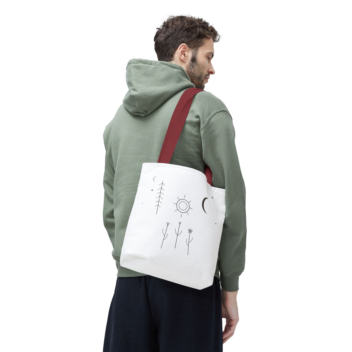 Minimal moon and sun botanical tote bag featuring celestial line art design, crafted by Printify.