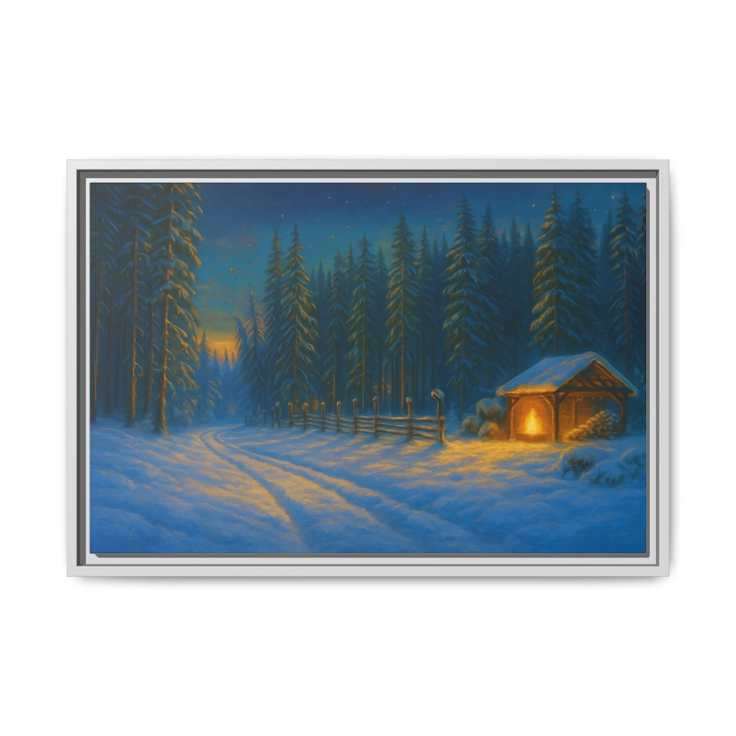 Cozy winter cabin matte framed canvas wall art featuring a snowy forest evening scene by Printify