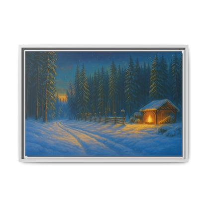 Cozy winter cabin matte framed canvas wall art featuring a snowy forest evening scene by Printify