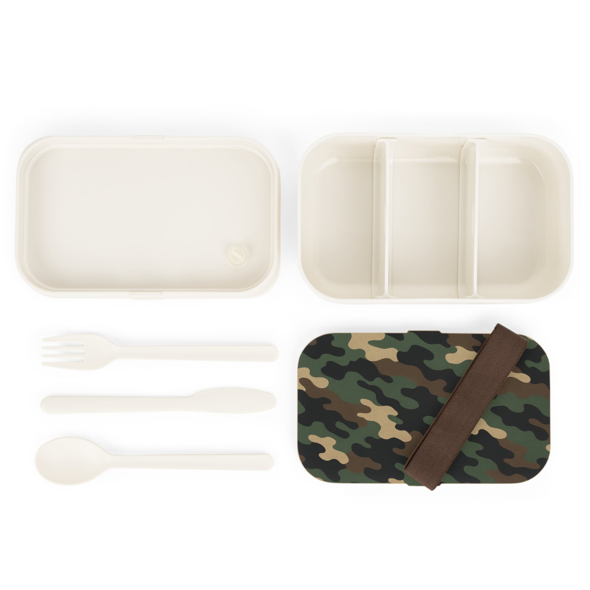 Military green camouflage Bento lunch box with compartments, designed for meal prep, by Printify.
