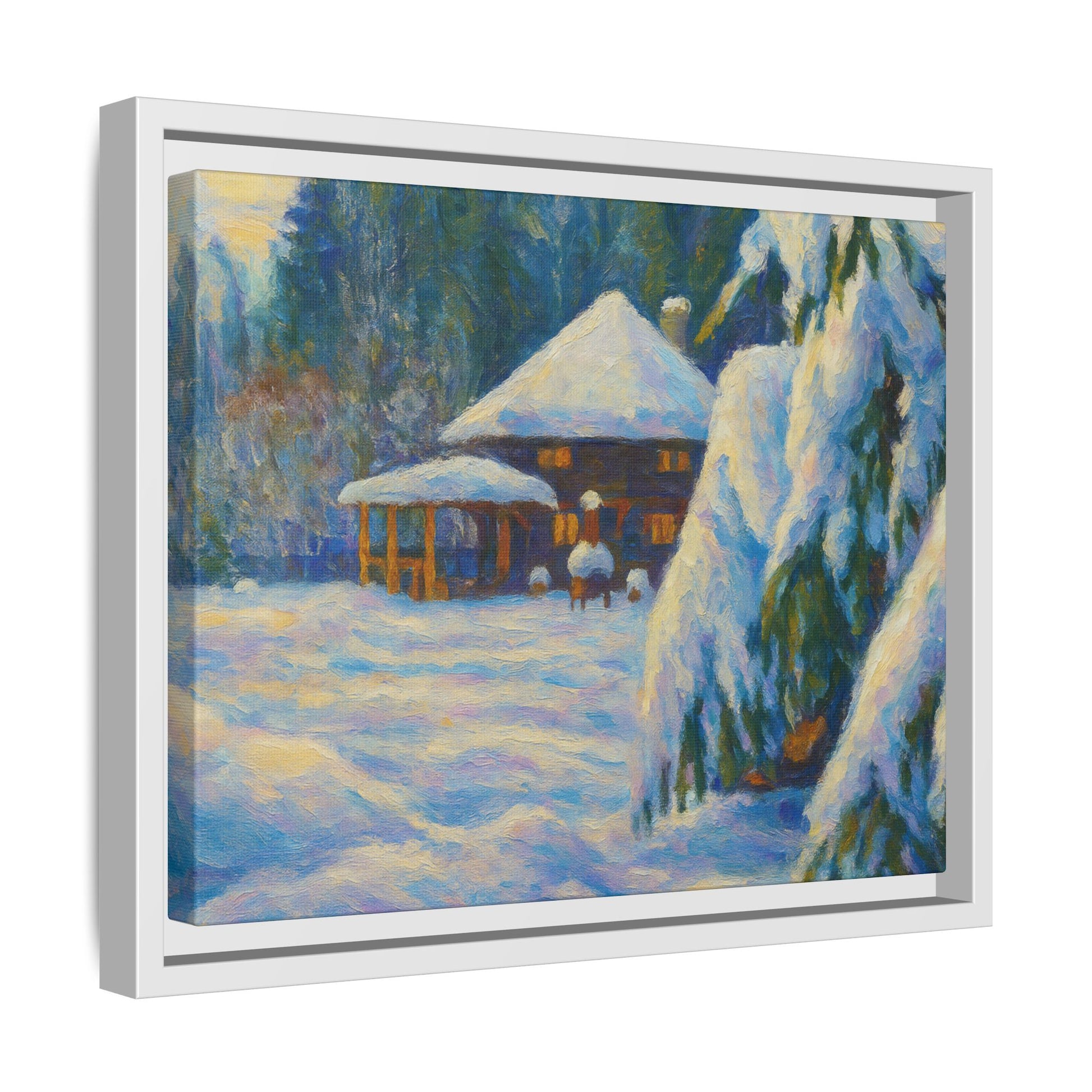 Framed matte canvas print of a snowy cabin winter landscape wall art by Printify, featuring a cozy cabin surrounded by snow.