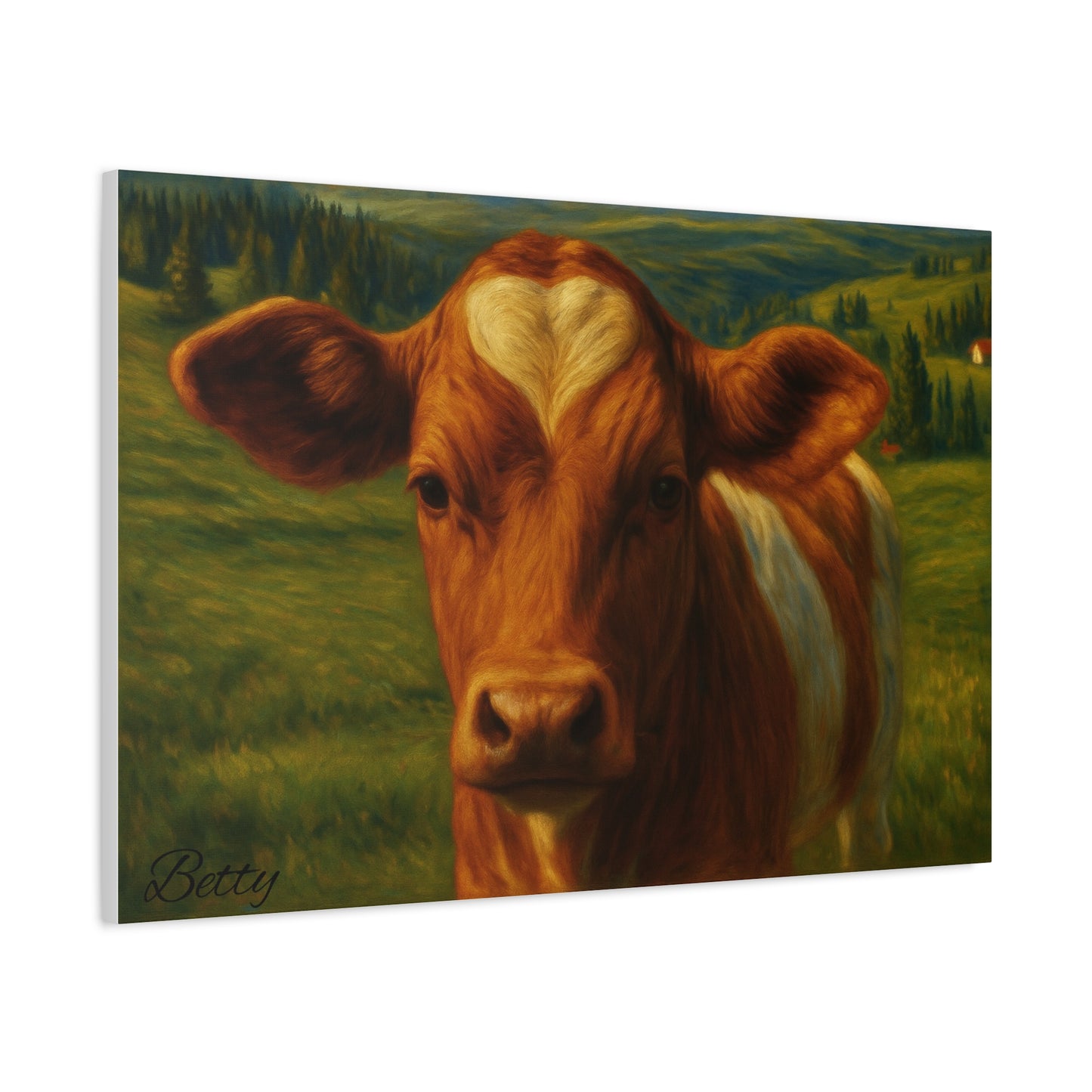 Cow portrait canvas print featuring a heart-shaped forehead, farm animal wall art by Printify, ideal for rustic home decor.