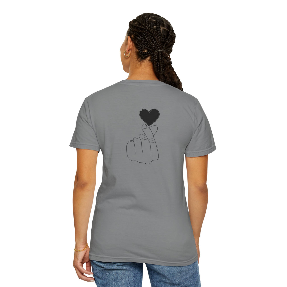 Black T-shirt with minimal heart graphic and finger heart design, casual Printify graphic tee for everyday wear
