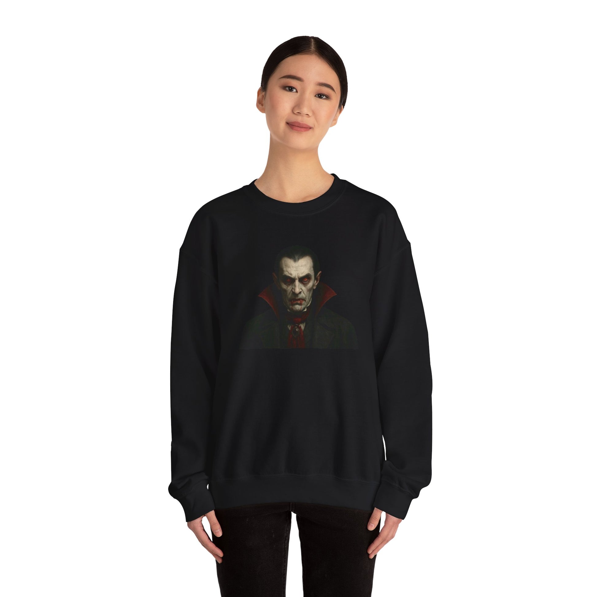 Black crewneck sweatshirt featuring a detailed vampire portrait design by Printify, made from soft fabric for comfortable wear.