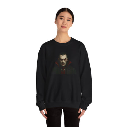 Black crewneck sweatshirt featuring a detailed vampire portrait design by Printify, made from soft fabric for comfortable wear.