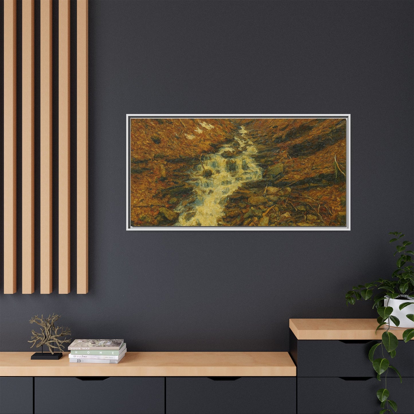 Framed matte canvas print of autumn stream landscape artwork by Printify showcasing vibrant fall colors and serene nature scene.