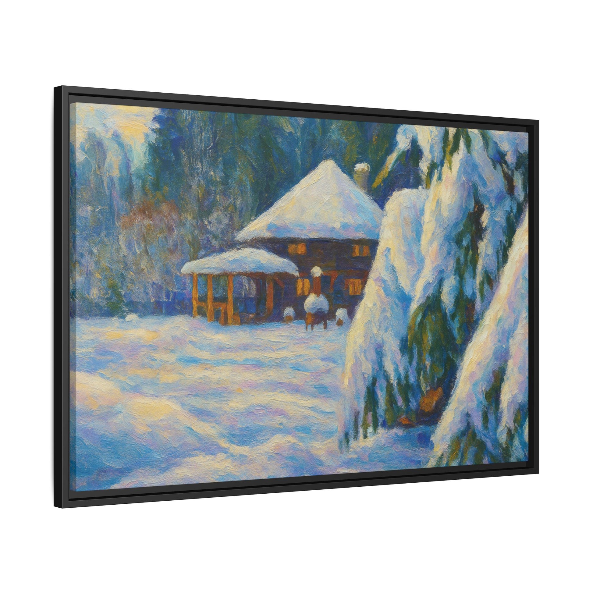 Framed matte canvas wall art of a snowy cabin winter landscape, featuring a cozy cabin surrounded by snow-covered trees.