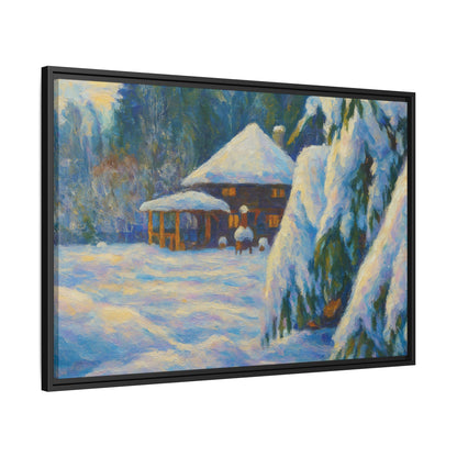 Framed matte canvas wall art of a snowy cabin winter landscape, featuring a cozy cabin surrounded by snow-covered trees.