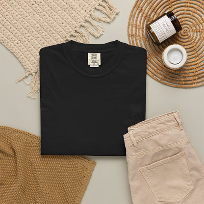 Black T-shirt with minimal white finger heart graphic, casual style, from Printify, displayed on a flat surface.