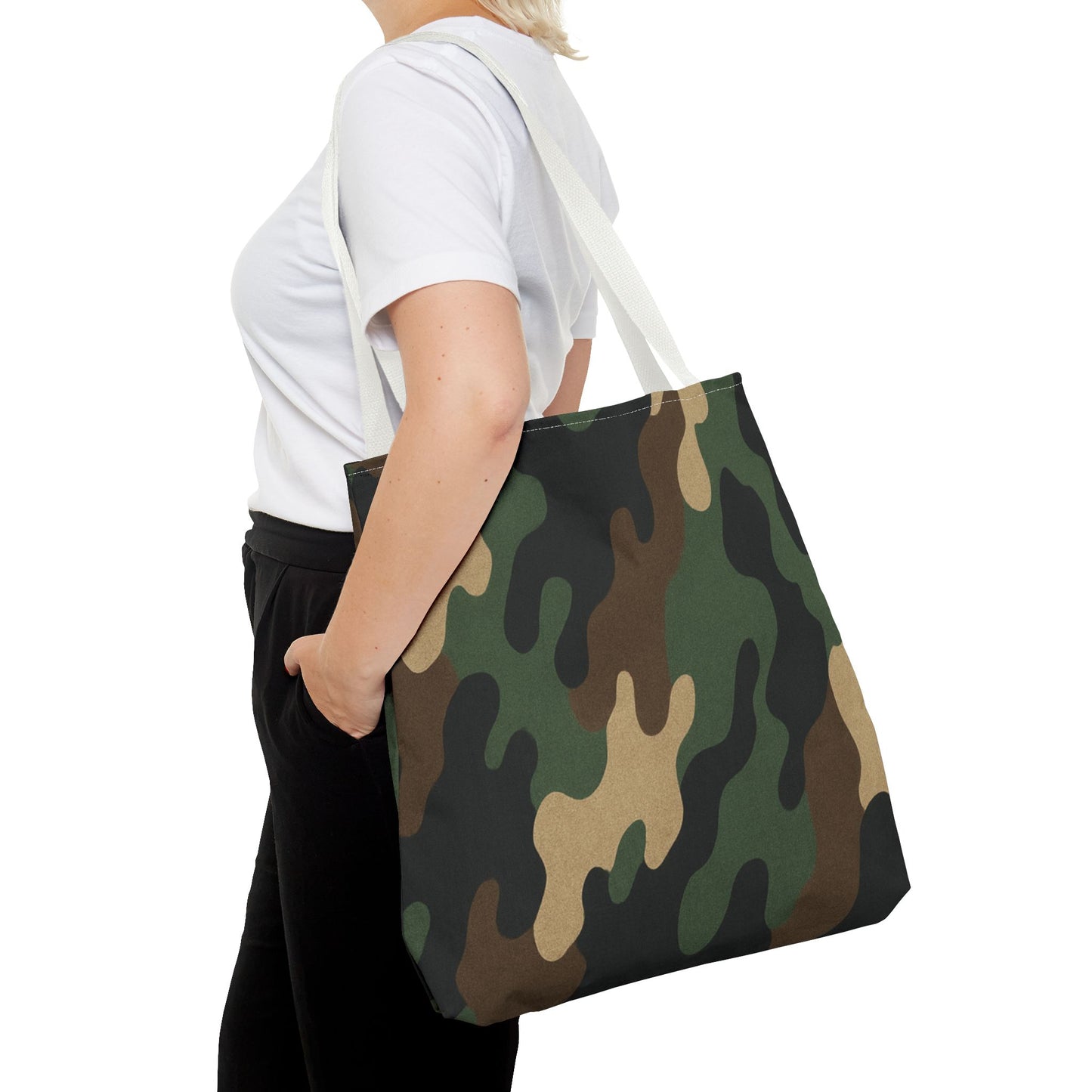 Camo pattern tote bag by Printify featuring an all-over print design, made of durable canvas for casual carryall use.